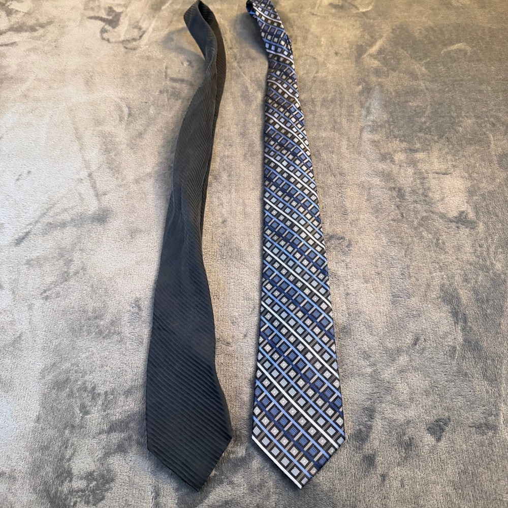 Statements Silk Necktie Lot Mens One Size Black Blue Geometric Ribbed 2 Pack
